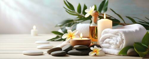 AI generated Spa treatment aroma therapy with candles, Stones and flowers for relax wellness. photo