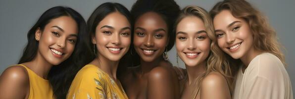 AI generated Beautiful young multiethnic women with natural makeup. Advertising for female fashion models, face and body skin care. photo