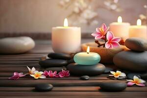 ai generado spa tratamiento aroma terapia con velas, piedras y flores para relajarse bienestar. foto