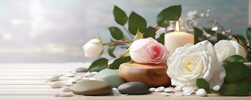 AI generated Spa treatment aroma therapy with candles, Stones and flowers for relax wellness. photo