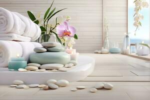 AI generated Spa treatment aroma therapy with candles, Stones and flowers for relax wellness. photo