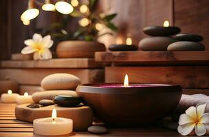 AI generated Spa treatment aroma therapy with candles, Stones and flowers for relax wellness. photo