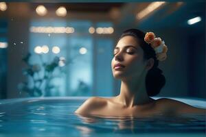 AI generated beautiful woman undergoing Therapy and bathing treatment in spa studio photo