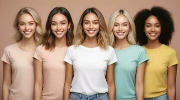 AI generated Beautiful young multiethnic women with natural makeup. Advertising for female fashion models, face and body skin care. photo