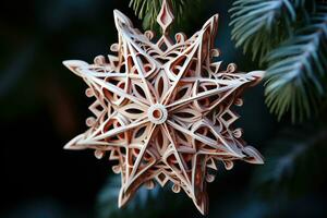 AI generated Snowflake showcase exquisite design in a single ornament, christmas background photo