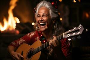 ai generado cerca arriba de señora claus jugando ukelele extensión alegría con festivo canciones por un calentar y atractivo chimenea, Navidad antecedentes foto