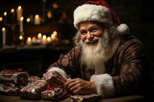 AI generated Close up view of santa claus creating a festive display by placing gifts under the christmas tree adorned with sparkling lights and, merry christmas images photo
