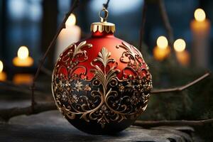 AI generated Close up ornament embracing holiday innocence, christmas wallpaper photo