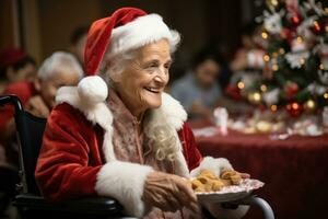 ai generado señora claus distribuye regalos extensión amor y calor entre mayor residentes en un pensativo composición, Navidad imágenes foto