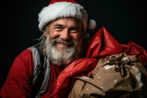 ai generado cerca arriba ver de un sonriente y tipo maduro Papa Noel abrazado en tradicional atuendo que lleva un bolso de encantador regalos, alegre Navidad imágenes foto