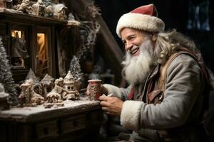 ai generado Papa Noel claus disfruta un tranquilo momento bebiendo caliente cacao por el casero, alegre Navidad imágenes foto