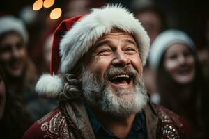 AI generated Man santa claus guides a group in joyful harmony filling the air with traditional holiday tunes, merry christmas images photo