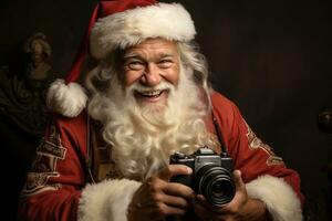 ai generado hombre Papa Noel claus conduce un coro de villancicos infundir el pueblo cuadrado con reconfortante festivo melodías, alegre Navidad imágenes foto