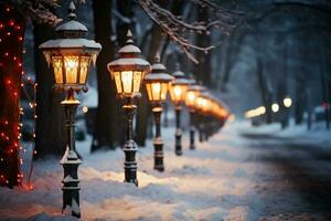 AI generated Snowy street charm inviting glow of christmas lights on lamps, xmas images photo