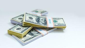 Set of a packs of dollars with a rubber band isolated on a white background photo