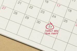 Red circle mark on the calendar at 31 for reminder of family new year party. photo