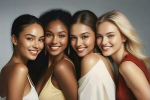 AI generated Beautiful young multiethnic women with natural makeup. Advertising for female fashion models, face and body skin care. photo