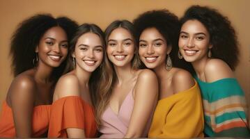 ai generado hermosa joven multiétnico mujer con natural constituir. publicidad para hembra Moda modelos, cara y cuerpo piel cuidado. foto