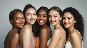 AI generated Beautiful young multiethnic women with natural makeup. Advertising for female fashion models, face and body skin care. photo