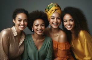 AI generated Beautiful young multiethnic women with natural makeup. Advertising for female fashion models, face and body skin care. photo