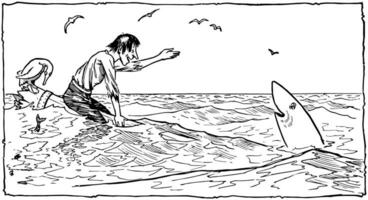Man feeling scared of a shark vintage illustration. vector
