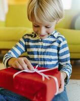 AI generated a happy child unwrapping a present photo