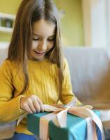 AI generated a happy child unwrapping a present photo