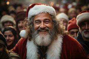 ai generado hombre Papa Noel guías un jubiloso desfile extensión animar entre el seguido juerguistas, Navidad antecedentes foto