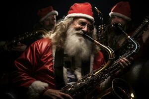 ai generado hombre Papa Noel agrega un musical instinto a fiesta celebraciones jugando en un enérgico jazz conjunto, Navidad imágenes foto