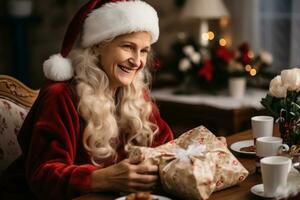 AI generated Woman santa shares gifts and kindness  creating heartwarming moments in a nursing home, christmas picture photo