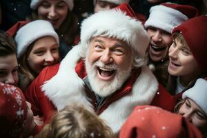 ai generado hombre Papa Noel dirige un sentido coro extensión calor en el nieve cubierto pueblo cuadrado, alegre Navidad imágenes foto