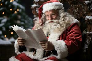 ai generado Papa Noel claus disfruta Nevado tranquilidad leyendo letras desde niños en un parque banco, Navidad imagen foto