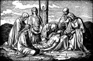 Jesus is Taken Down from the Cross and is Attended by Mary, Joseph of Arimathaea, and Nicodemus vintage illustration. vector