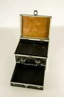 a black and silver suitcase with two compartments photo