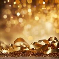 AI generated Golden blurred background with a bokeh effect, confetti, and golden ribbons. An abstract luxurious festive backdrop. Generative ai. photo