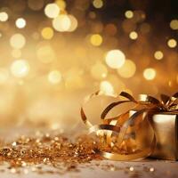 AI generated Golden blurred background with a bokeh effect, confetti, and golden ribbons. An abstract luxurious festive backdrop. Generative ai. photo