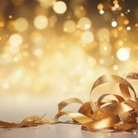 AI generated Golden blurred background with a bokeh effect, confetti, and golden ribbons. An abstract luxurious festive backdrop. Generative ai. photo