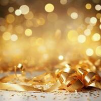 AI generated Golden blurred background with a bokeh effect, confetti, and golden ribbons. An abstract luxurious festive backdrop. Generative ai. photo