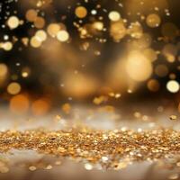 AI generated Golden blurred background with a bokeh effect and confetti. An abstract luxurious festive backdrop. Generative ai. photo