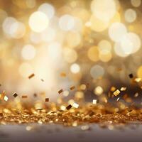 AI generated Golden blurred background with a bokeh effect and confetti. An abstract luxurious festive backdrop. Generative ai. photo