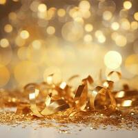 AI generated Golden blurred background with a bokeh effect, confetti, and golden ribbons. An abstract luxurious festive backdrop. Generative ai. photo