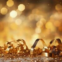 AI generated Golden blurred background with a bokeh effect, confetti, and golden ribbons. An abstract luxurious festive backdrop. Generative ai. photo