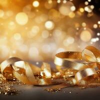 AI generated Golden blurred background with a bokeh effect, confetti, and golden ribbons. An abstract luxurious festive backdrop. Generative ai. photo