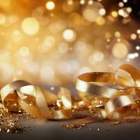 AI generated Golden blurred background with a bokeh effect, confetti, and golden ribbons. An abstract luxurious festive backdrop. Generative ai. photo