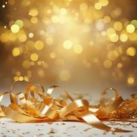 AI generated Golden blurred background with a bokeh effect, confetti, and golden ribbons. An abstract luxurious festive backdrop. Generative ai. photo