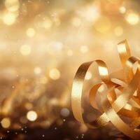 AI generated Golden blurred background with a bokeh effect, confetti, and golden ribbons. An abstract luxurious festive backdrop. Generative ai. photo