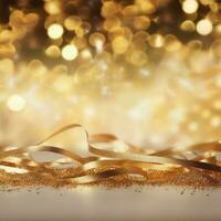 AI generated Golden blurred background with a bokeh effect, confetti, and golden ribbons. An abstract luxurious festive backdrop. Generative ai. photo