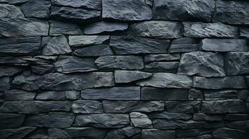 AI generated Wall made of dark gray granite. Rough stone texture, brickwork, close-up. Abstract background with copy space, wallpaper, graphic design element. Grunge banner photo