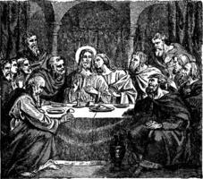 Communion of the Apostles with Jesus at the Last Supper vintage illustration. vector