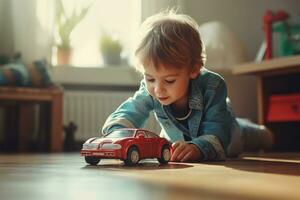 ai generado linda pequeño niño chico jugando con rojo grande coche juguete sentado en el piso en su jugar habitación foto